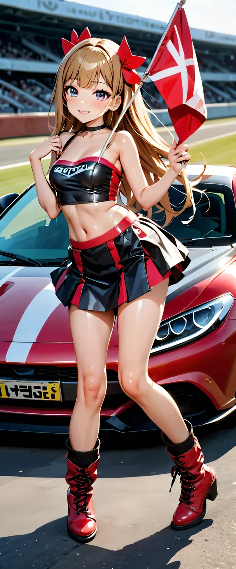  top quality,  ultra high resolution,  One person,   small breasts,  Black Choker, smile,  exposes shoulders,  focus only ,  Watch Viewers,Fair skin,Car racing track, photon mapping to viewers,  physics-based rendering ,  RAW photos ,  Highly Detailed Back...