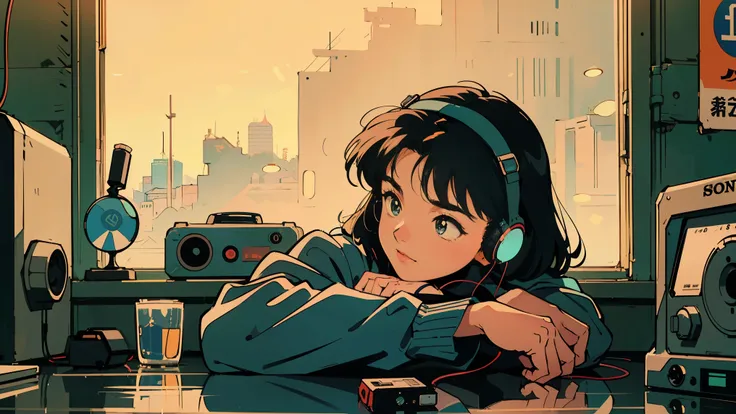 Best Quality, 8k, 1980s Style, nostalgic city pop aesthetic, Showa-era Japan, a close-up shot of a vintage Sony-style Walkman resting in the palm of a hand, detailed cassette tape visible through the transparent window, play button slightly worn from years...