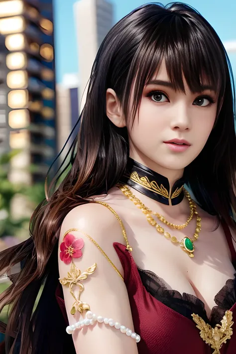 A young woman with long brown hair, wearing a deep red cloak with fur accents and gold jewelry, a pearl necklace, and intricate flower tattoos on her shoulder. She has a confident expression, glowing green eyes, and is in a modern city environment with a c...