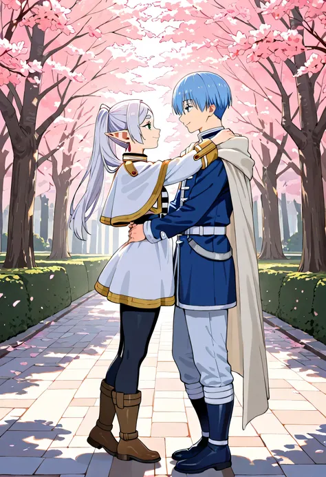 masterpiece, best quality, very aesthetic, absurdres, safe, (1girl, 1boy:1.2), frieren, white hair, himmel \(sousou no frieren\), blue hair, blue eyes, outdoors, sakura tree, full body, far shot, lifting person, hands on another's waist , smile, looking at...