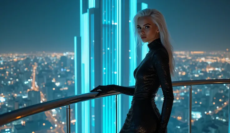 Futuristic Fashion Model, Platinum Hair, Pretty Face, Balcony, Rooftop, Night, Futuristic Skyscraper, Night Light, Wide Camera Angle, Ultra High Definition, 8k, Realistic, Beautiful