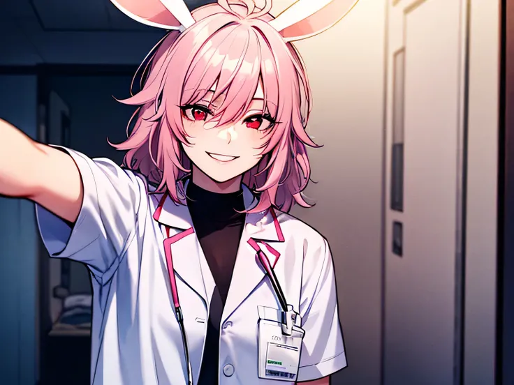 1 man, white realistic bunny ears, light pink hair, messy hair, doctor clothes, detailed eyes, red eyes, hospital room, pastel colors, 4k, mature, looking at camera, smiling