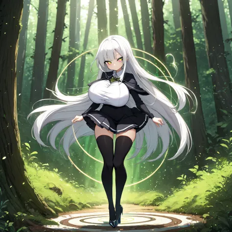 score_9, source_anime, masterpiece, landscape, fantasy, forest, longtorso_v0.63_pony, eyebugs_f, magic circles, BREAK, solo, 1 skinny girl standing, little wizard, (petite girl:1.2), arched back, (arms behind back), (arms down backward), (bouncing huge bre...
