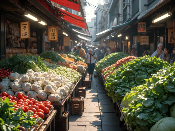 Fresh market,  Cauliflower,  Chinese cabbage , Daytime,  Realistic,  Masterpiece,  Clear Detail,  8k resolution, movies,  front view.