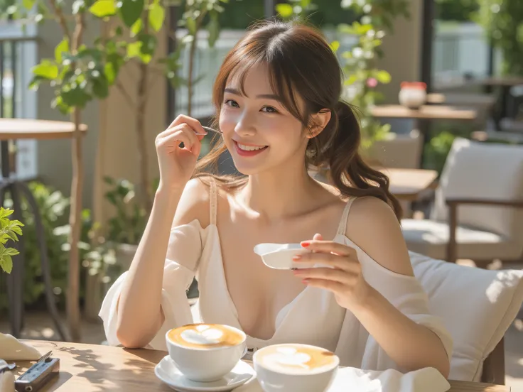 A charming 20-something cute super sexy Japanese person enjoying a relaxing time at a stylish terrace café, with a warm and radiant smile. They are dressed fashionably in warm colors such as soft white, wearing a revealing yet elegant outfit that highlight...