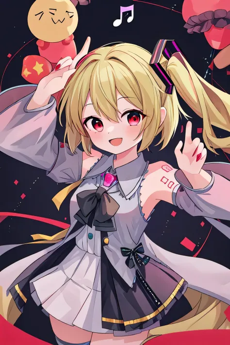 masterpiece, best quality, good quality, newest,  1girl , blond hair , red eye ,　short hair , flanders_scarlet , Costume(miku hatsune ) ,  Emoji(smile)、background(Musical notes and scores) , 