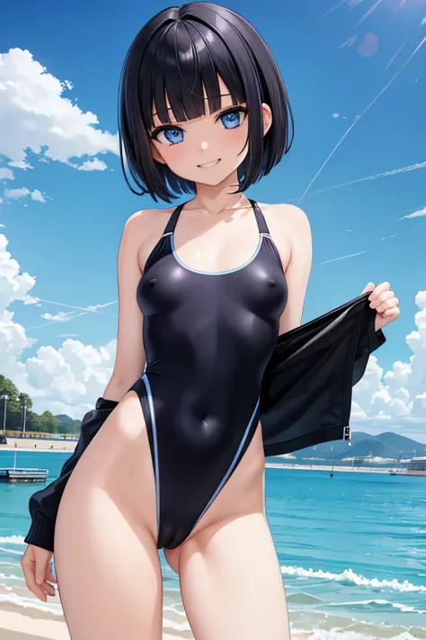 best quality，high resolution， 1girl ，blue eyes，short hair，Black hair，blunt bangs，flat chest，smile，grin，Racing-style swimsuit，covered nipples，cameltoe