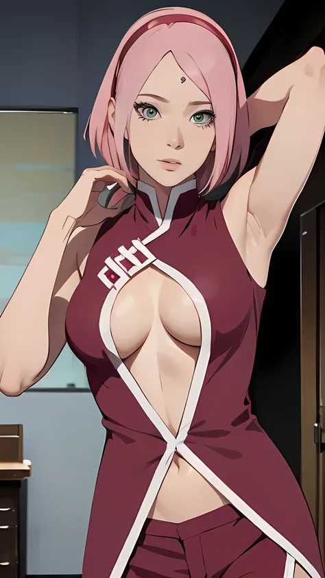 ((sakura haruno)), pink hair, photo realistic, 1 woman, cool beauty, very short hair, pixie cut, brown hair, swept bangs, brown eyes, double eyelids, ((sexy outfits) , pink glossy lips, mouth slightly open, perfect female body, ample breasts, narrow waist,...