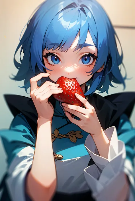 Blue Haired Bob Girl in Light Blue Cute Chinese Clothes Eating Strawberries