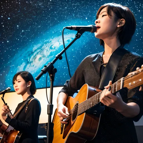  vocalist and guitarist  , Two men and women performing on a live stage、a point description  painting by Ayako Rokkaku,  Unsplash  , point description  , tiny details floating in space , Pointillism dot 々 ,  graphic details  , drawn with dots,  person with...