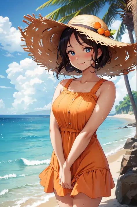 (High quality, High resolution, Fine details), (Standing at the edge of the waves), straw hat, (orange shift dress), solo, curvy adult women, sparkling eyes, (Detailed eyes:1.2), smile, blush, Sweat, Oily skin, Full Body Shot, Soft tones, shallow depth of ...