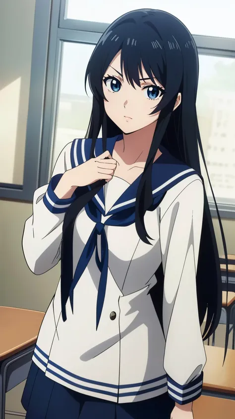 (Top quality, masterpiece, 8k), (anime coloring:1.2), very detailed, very detailed, perfect face, beautiful eyes, perfect eyes, detailed eyes, detailed face, ultra-detailed, detailed eyes, symmetrical eyes, sharp details, 1 girl, solo, (black long hair, st...