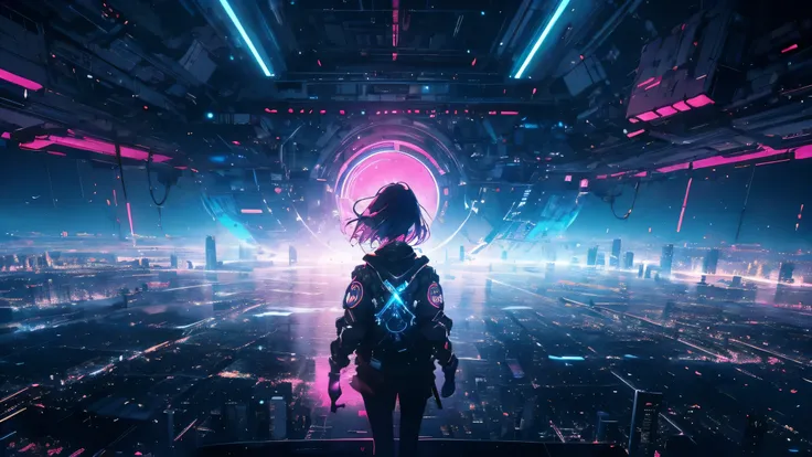 A futuristic anime-style cyberpunk cityscape at night, glowing with neon lights in shades of blue, pink, and purple. A young female protagonist with cybernetic enhancements and a sleek black jacket stands in the foreground, her eyes reflecting the vibrant ...