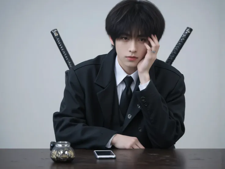 , young man, black hair, White skin, หน้าตา castingเหลา, Japanese people, White skin, casting, , hand coordinated, Conference table , Masterpiece, smartphones, boy , handsome man, Black Jacquet Set , Simple Background, 2 rear swords, Fantasy Sword, ...