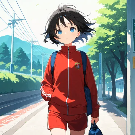 (masterpiece), (best quality), (ultra-detailed), artist:fujiyama, 1girl,  sleepily, track suit, gym shorts, bag, route of a school, wind,
