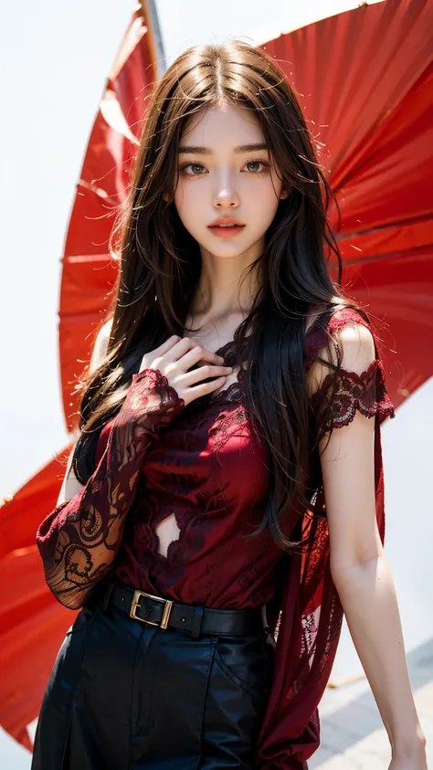    Supreme Masterpiece, looks like an adult, red arm cover , Straight Long Hair ,Adult Girl , black lace outfit on red,4K Hi-Def  