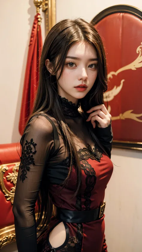    Supreme Masterpiece, looks like an adult, red arm cover , Straight Long Hair ,Adult Girl , black lace outfit on red,4K Hi-Def  