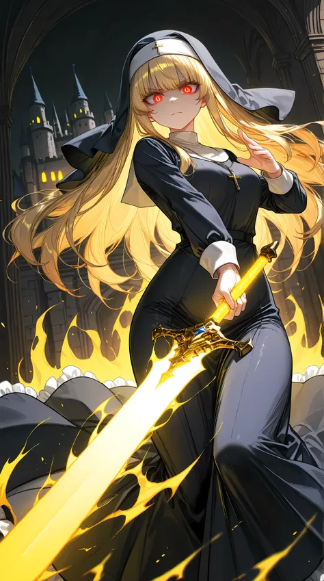 solo, 1girl, aiming a Longsword at viewer, (glowing yellow sword, aura:1.3), fighting stance, 
BREAK 1girl, nun, long dress, (navy:1.3) dress, glowing red eyes, long blonde hair, serious,
BREAK night, dark background, castle,
BREAK diffraction spikes, dept...