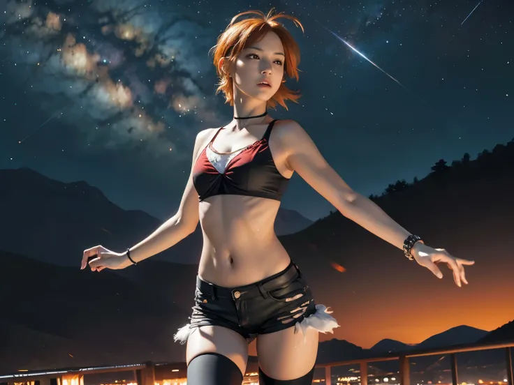 chica, Red bra,  short hair,  orange hair,  slim body,  small bust,  black clothes,  pretty legs,  black tights , Hands to Heaven,  mountainous landscape,  Starry Sky,