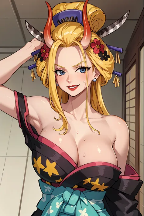 (masterpiece, best quality:1.2), solo, 1girl, blackmaria, lipstick,seductive smile,, hair stick, hair flower, horns, v-shaped eyebrows, japanese clothes, black kimono, off shoulder, earrings, bare shoulders , room, big breasts, big cleavage, close up, look...