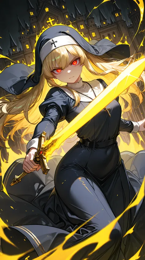 solo, 1girl, aiming a Longsword at viewer, (glowing yellow sword, aura:1.3), fighting stance,
BREAK 1girl, nun, long dress, (navy:1.3) dress, glowing red eyes, long blonde hair, serious,
BREAK night, dark background, castle,
BREAK diffraction spikes, dept...