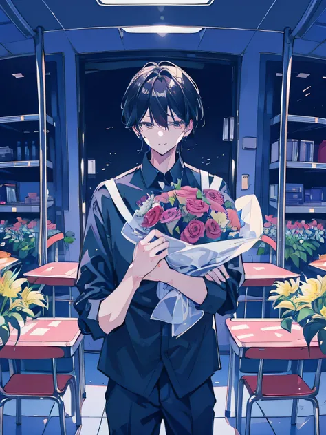 A man holding a bouquet of flowers、 black shirt、 sexy