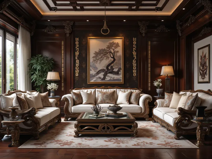 The living room , Decorated with Thai patterns that blend with ancient Chinese culture, Large living room, Double Sided Sofa ,  Glass Table in the Center,  Realistic,  Masterpiece,movies, 8k resolution,  Clear Detail, full body model.