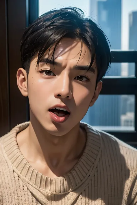  Japanese male　 handsome　 short dark hair  　　short cropped 　　 slim figure　　　　 nude and wearing an oversized sweater　Face up super 　 Full Glass Training Room Interior　　　　 Outside is a group of futuristic city skyscrapers on a cold day 　もっとFace up super 　, t...