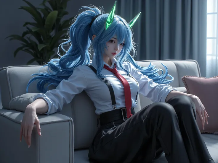  beautiful girl, 18 years old, Blue hair,  beautiful looking, High ponytail wavy hair, There are two emerald horns on the forehead., He on the front forehead is very long.,  japanese, White skin, Big Breasts,  sitting on the couch,  shirt, sit cross-legged...