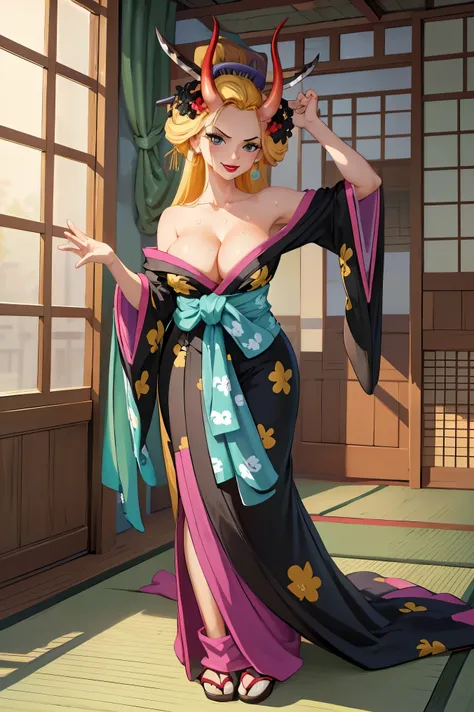 (masterpiece, best quality:1.2), solo, 1girl, blackmaria, lipstick,seductive smile,, hair stick, hair flower, horns, v-shaped eyebrows, japanese clothes, black kimono, off shoulder, earrings, bare shoulders , room, big breasts, big cleavage, close up, look...