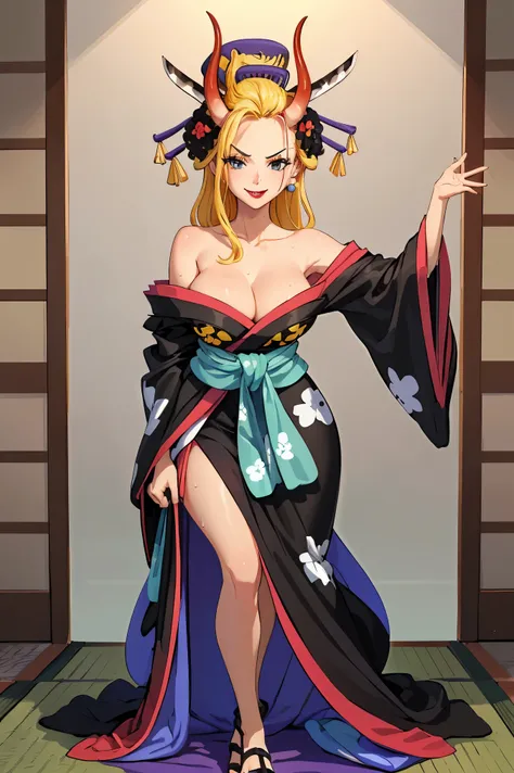 (masterpiece, best quality:1.2), solo, 1girl, blackmaria, lipstick,seductive smile,, hair stick, hair flower, horns, v-shaped eyebrows, japanese clothes, black kimono, off shoulder, earrings, bare shoulders , room, big breasts, big cleavage, close up, look...