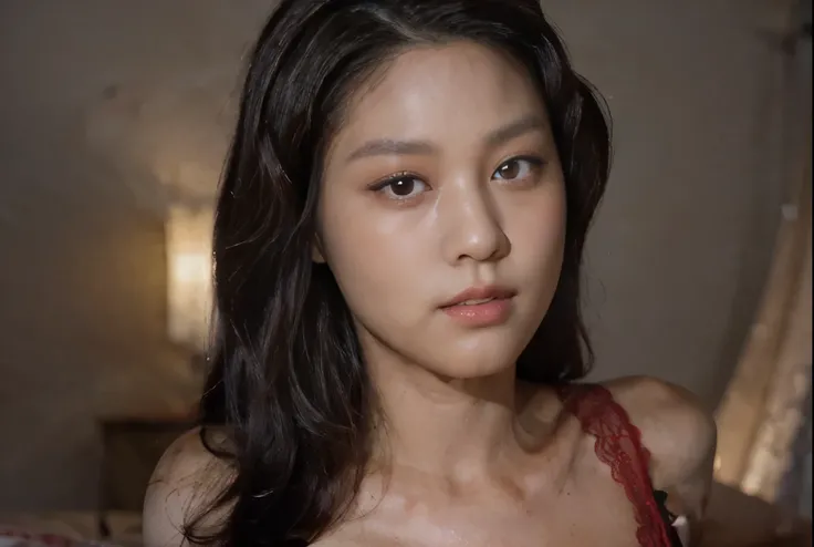 top-quality close-up portrait, ((Beautiful korean girl, wearing pajamas, red color with black lace, verylow neckline, sleeveless):1.5), bewitching face, ((seolhyun AOA likeness):1.4), ((beautiful detailed eyes, round big eyes, beautiful detailed lips, shar...