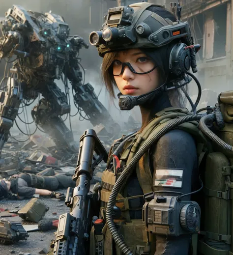  photorealistic、 realistic skin texture、Near future、 beautiful Japanese woman belonging to allied special forces 、jpn's mark 、、 future head protector and smart goggles 、 futuristic blaster gun connected to an energy backpack by cable、 blaster gun type with...