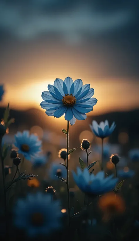 A vibrant blue flower sways gently in a tranquil meadow as the sun sets, casting a warm golden glow across the scene. The delicate petals shimmer against a backdrop of softly blurred blooms, creating an enchanting contrast. The light filters through, illum...