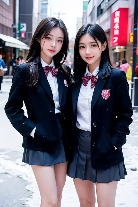 Two girl (20 years old, Japanese pretty face) is wearing high school uniform with mini skirt at snowy city.