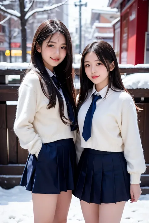 Two girl (20 years old, Japanese pretty face) is wearing high school uniform with mini skirt at snowy city.