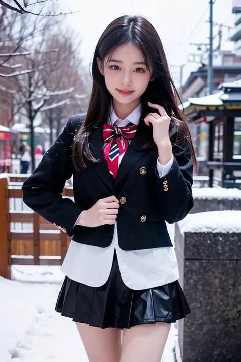 Two girl (20 years old, Japanese pretty face)  is wearing high school uniform with mini skirt at snowy city.