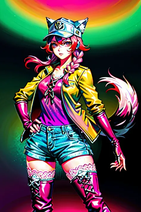 (best quality:2.0), (crisp:2.0), (highres:2.0), (((a rich yellow and pink gradient wolf tail:2.0))), anime, full body:2.0, (single image), (solo beautiful lady:2.0), (masterpiece:2.0), (detailed face:2.0), (detailed eyes:1.4), ((denim shorts:2.0)), ((thick...