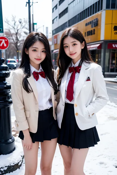 Two girl (20 years old, Japanese pretty face) is wearing high school uniform with mini skirt at snowy city.
