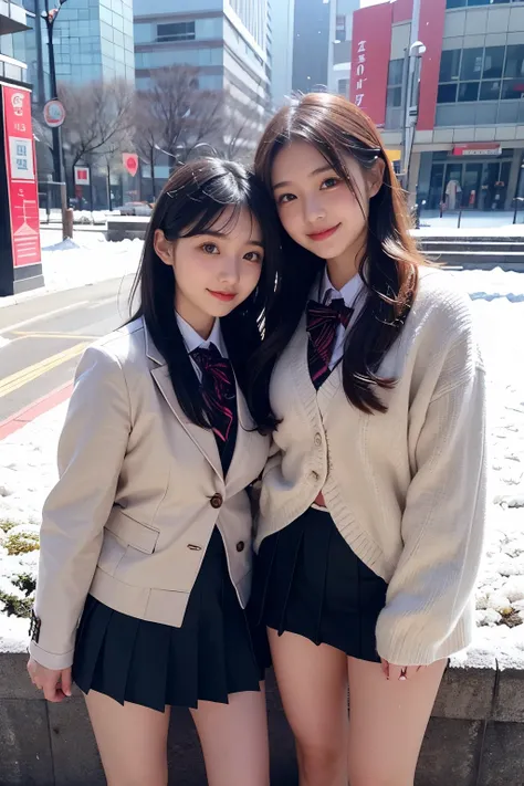 Two girl (20 years old, Japanese pretty face) is wearing high school uniform with mini skirt at snowy city.