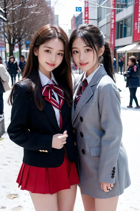 Two girl (20 years old, Japanese pretty face) is wearing high school uniform with mini skirt at snowy city.