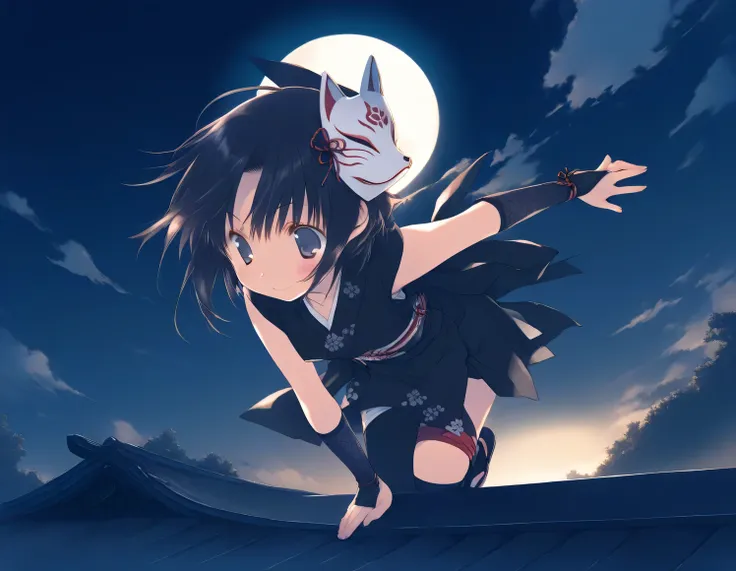 1girl, little female, ninja, beautiful detailed eyes, small breasts, fox mask, mask on head,night, moon, cloud,  rooftop, wind,girl focus,game CG, break,(artist:mitsumi_misato),artist:fujiyama,artist:kokonoka,  break,(masterpiece), (best quality), (ultra-d...