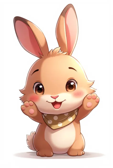 a cute brown rabbit with a polka dots scarf, waving at the camera. detailed five fingers waving. isolated on white background.