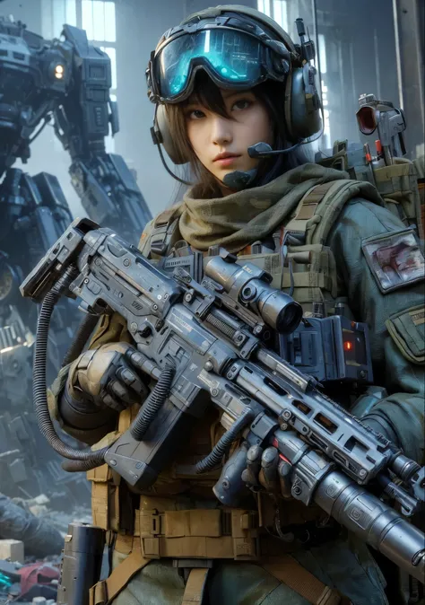  photorealistic, near future, beautiful Japanese woman of the Allied Special Forces standing, with his mouth slightly open 、 jpn mark, futuristic head protector and smart goggles, 現代とは全く違うデザインのfuturistic blaster gun with connected by cable to energy backpa...