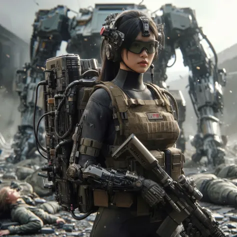  photorealistic, near future, beautiful Japanese woman of the Allied Special Forces standing, with his mouth slightly open 、 jpn mark, futuristic head protector and smart goggles, 現代とは全く違うデザインのfuturistic blaster gun with connected by cable to energy backpa...