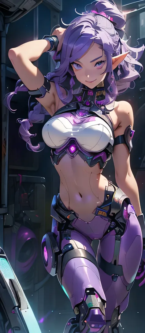 ( A girl ), ((  athletic body :1.3,   big breasts)), ((Elven Lolita  )), (( seductive smile )), (( seductive pose )), ((  cute anime Lolita with beautiful braided hair)), (( purple hair:1.35)), ( Gemini with red ribbons  ), (   detailed eyes  ,  beautiful ...