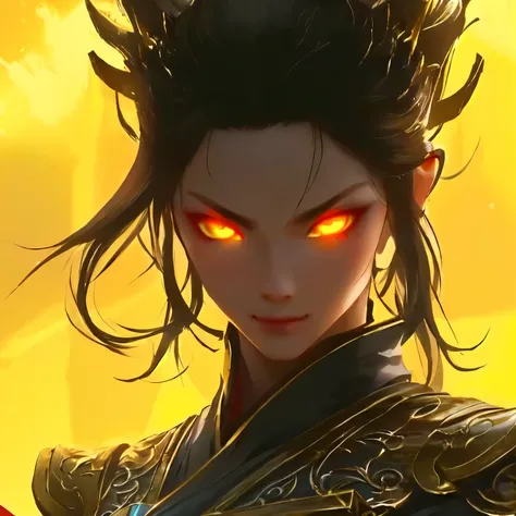 a close up of a person with red eyes and a yellow background, artgerm and ruan jia, ne zha from smite, by Yang J, artgerm detailed, ruan jia and artgerm, by ruan jia and stanley artgerm, trending artgerm, heise jinyao, xianxia hero