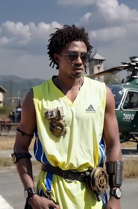 arafed man in yellow uniform standing in front of a helicopter, wearing basketball jersey, album photo, taken in the early 2020s, george pemba, nanquan, wearing a volleyball jersey, in style of davey adesida, emmanuel shiru, hi mark ( akwaaba tommy ), smoo...