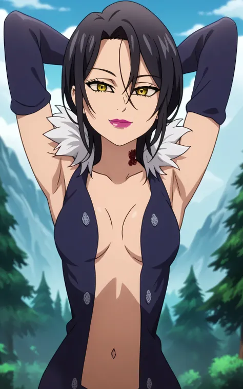 score_9, score_8_up, score_7_up, source_anime, masterpiece, best quality, amazing quality, anime screencap, 1girl, solo, mature woman, merlin-llts, short hair, black hair, yellow eyes, makeup, lipstick, breasts, medium breasts, slim body, short jacket, ope...