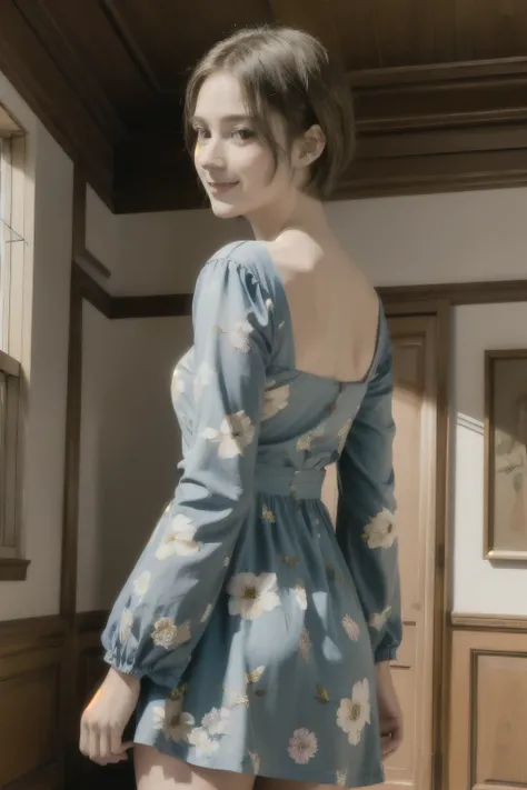 358 (20-year-old woman),( short hair), ( High Definition Photos ), (smile), (colorful floral dress), (Leonardo da Vinci paintings)